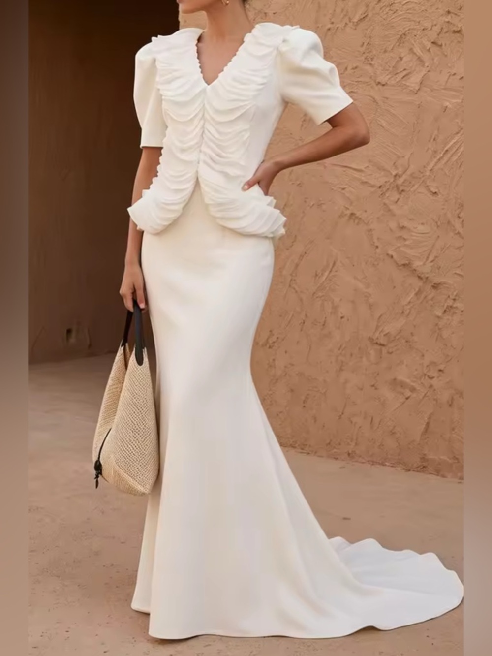 NEW $525 Old Money White Mermaid Maxi Dress Ruched Modest Dress